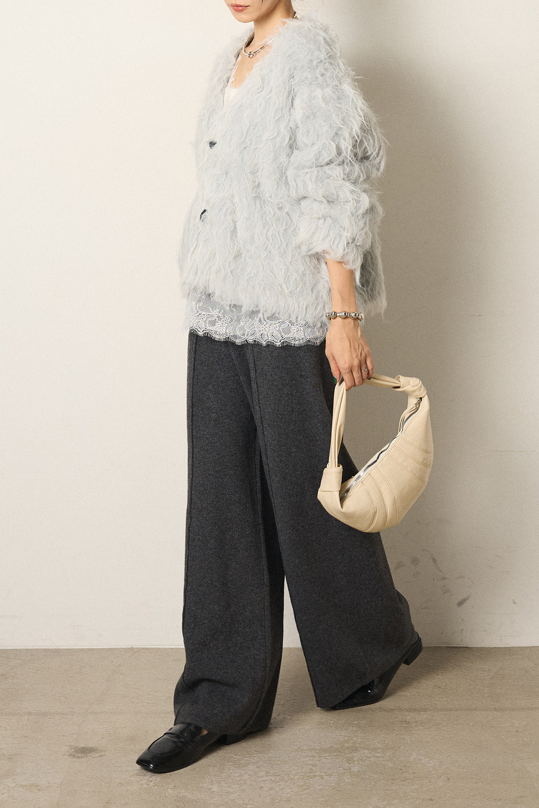 [SET]起毛シャギーニットカーディガン+センターラインニットパンツ+レース切り替えキャミソール(3set)