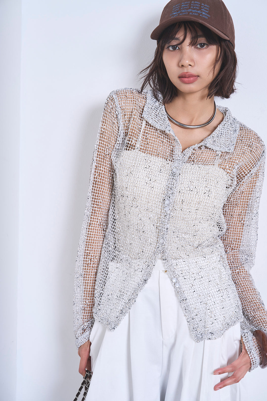 [SET]ネップメッシュポロ襟カーディガン+紐ベルト付きカーブワイドパンツ(2set)