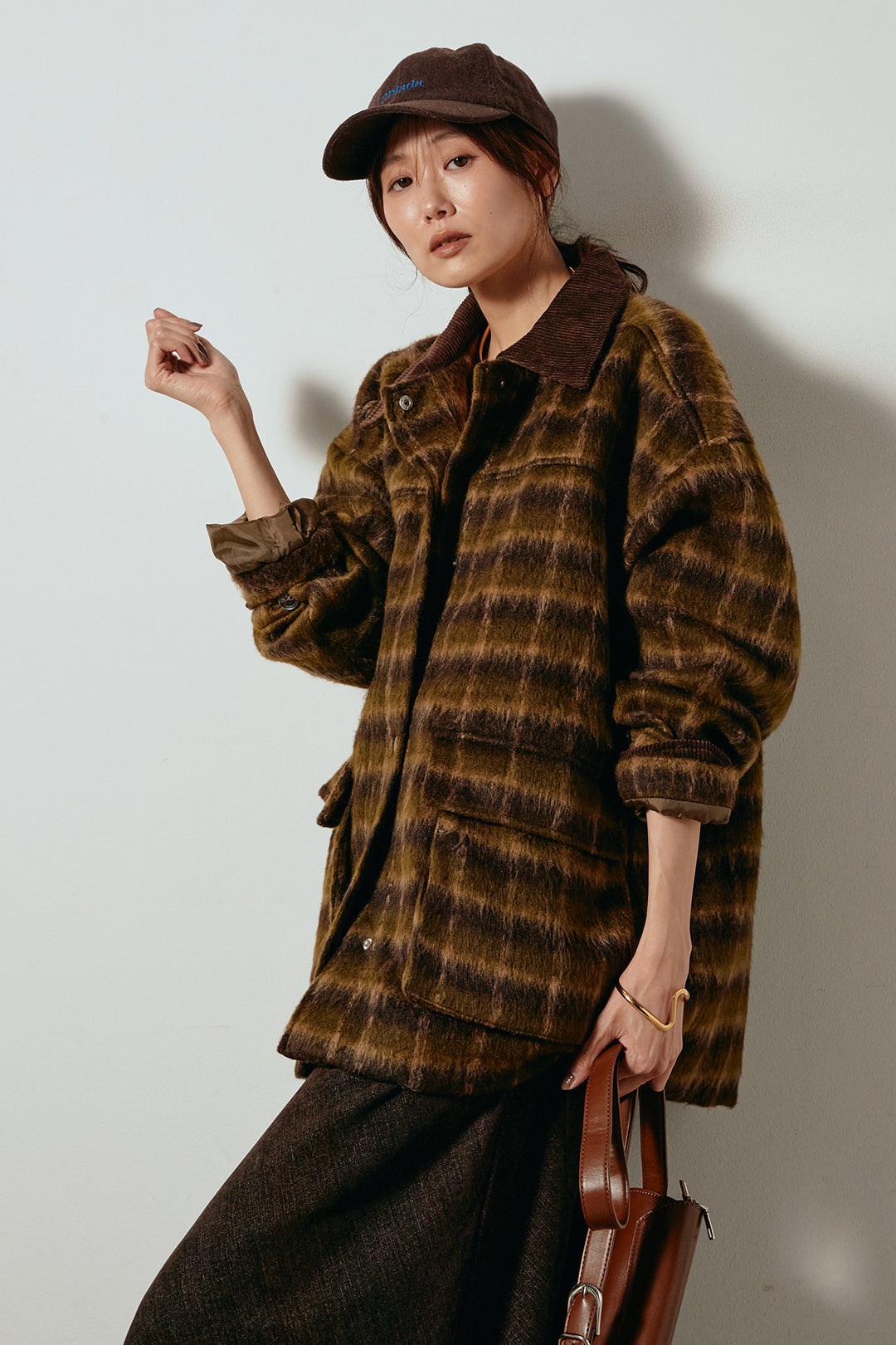 [SET]チェックシャギーミドルカバーオール+スウェードライクロングスカート(2set)