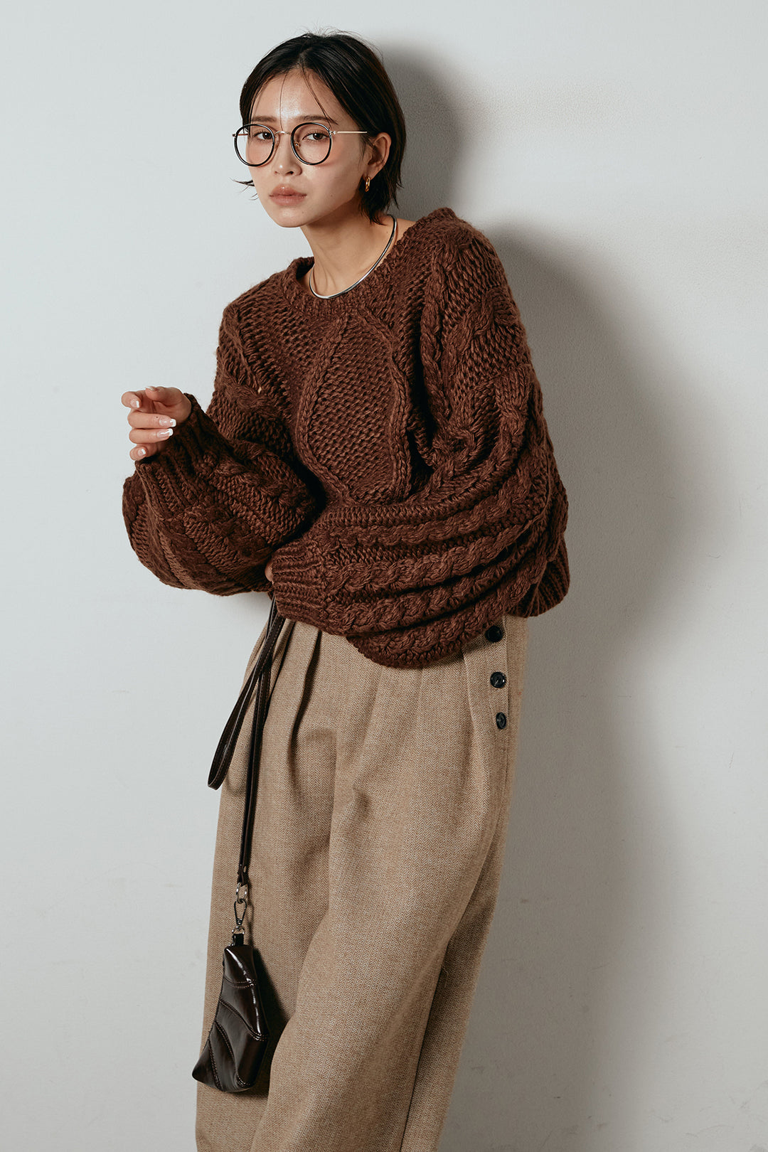 [SET]ロービングケーブルショート丈プルオーバー+サイドボタンツイードタックパンツ(2set)