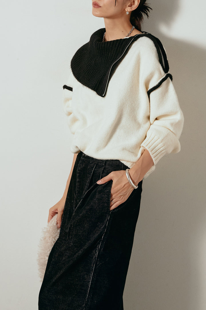 [SET]ハイネックジップデザインニットトップス+フロントタック入りコーデュロイパンツ(2set)