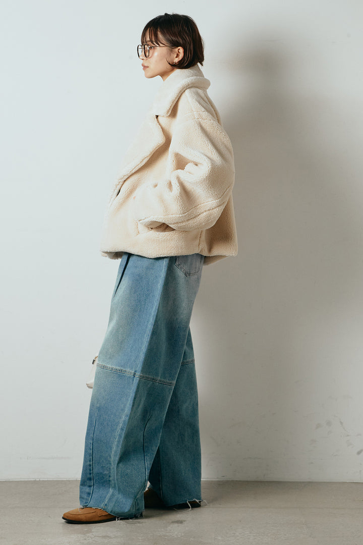 【2月中旬発送】
[SET]テディボアショートジャケット+加工デニムタックコクーンワイドパンツ(2set)