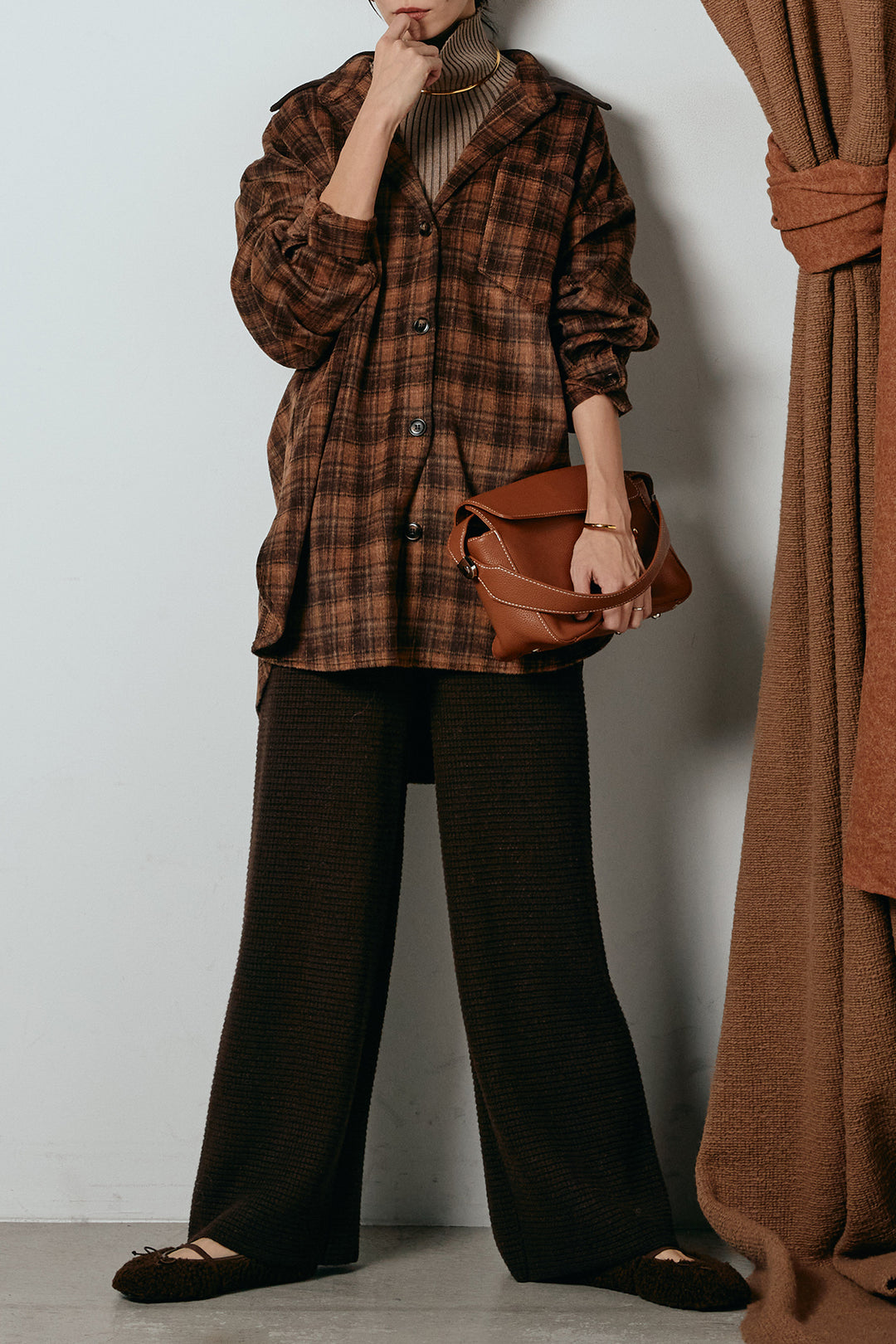 [SET]シャギーチェックシャツジャケット+ワイドリブニットイージーパンツ(2set)