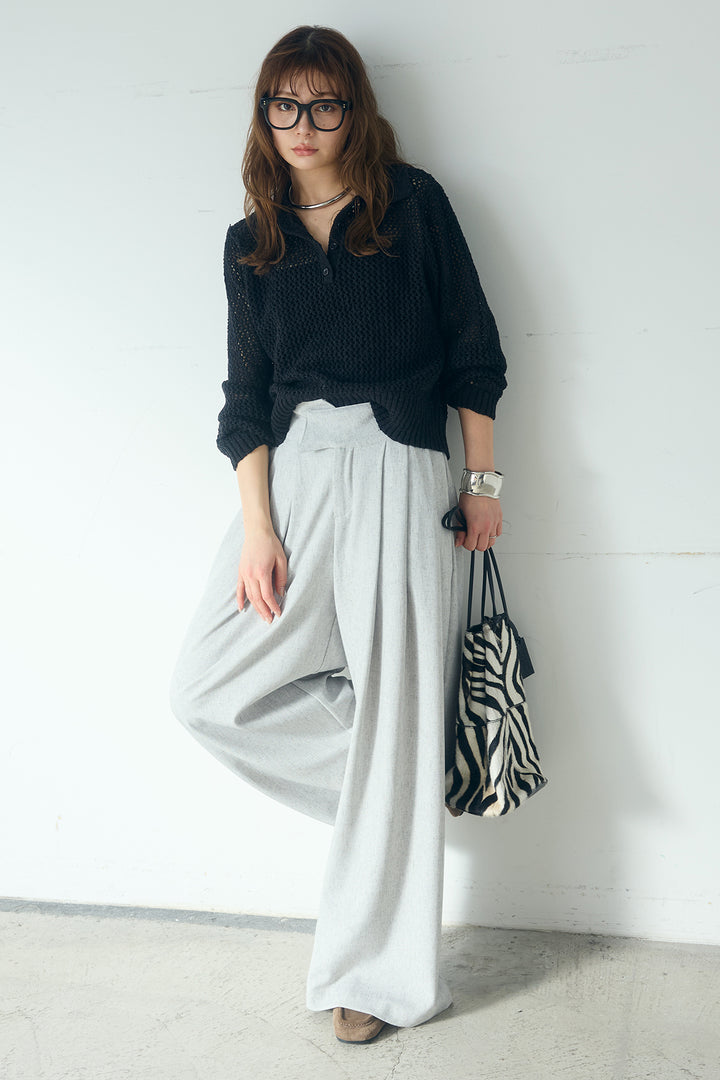 [SET]ミックスメッシュポロニット+麻混タックワイドパンツ(2set)