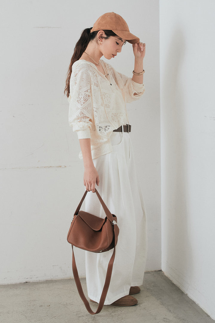 [SET]ブロックレースフード付きブラウス+ベルト付きサイドタックワイドパンツ(2set)