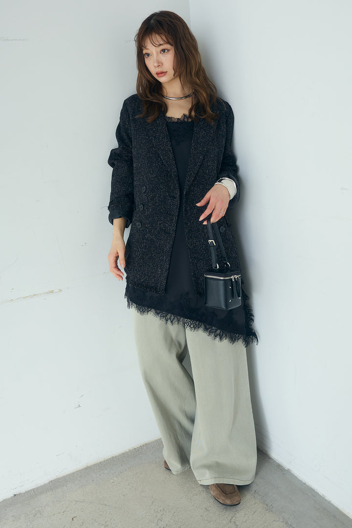 [SET]スラブネップツイードフリンジテーラードジャケット+ウエスト裁ち切りデニムワイドパンツ(2set)