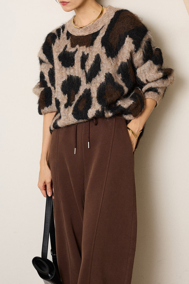 [SET]ルーズアニマルモヘアニットトップス+スウェットワイドカーブパンツ(2set)