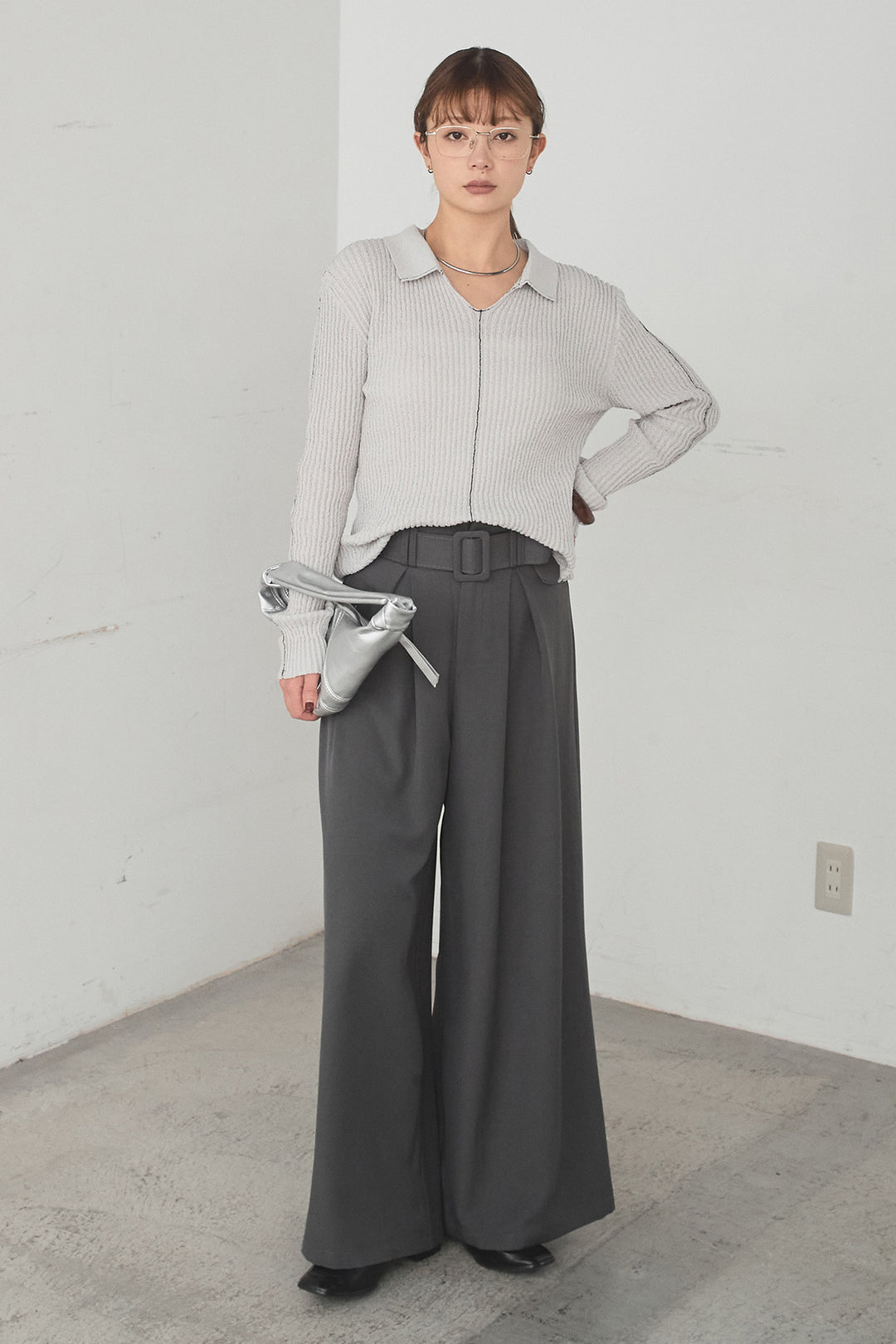 [SET]衿付きニットプルオーバー+ベルト付きツータックワイドパンツ(2set)