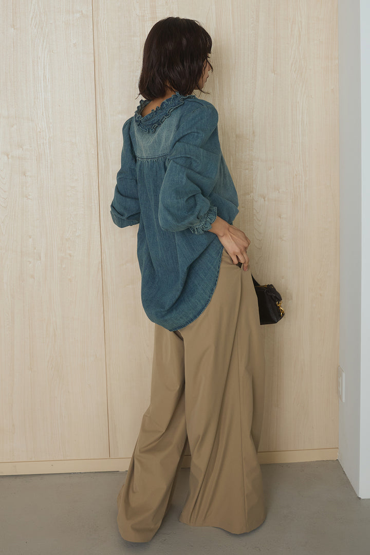 [SET]Vネックデニムフリルトップス+ベルトループデザインハイウエストタックパンツ(2set)