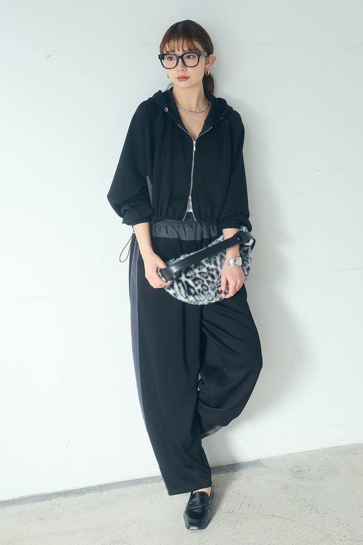 [SET]ドルマンショートフーディー+異素材切り替えスウェットパンツ(2set)