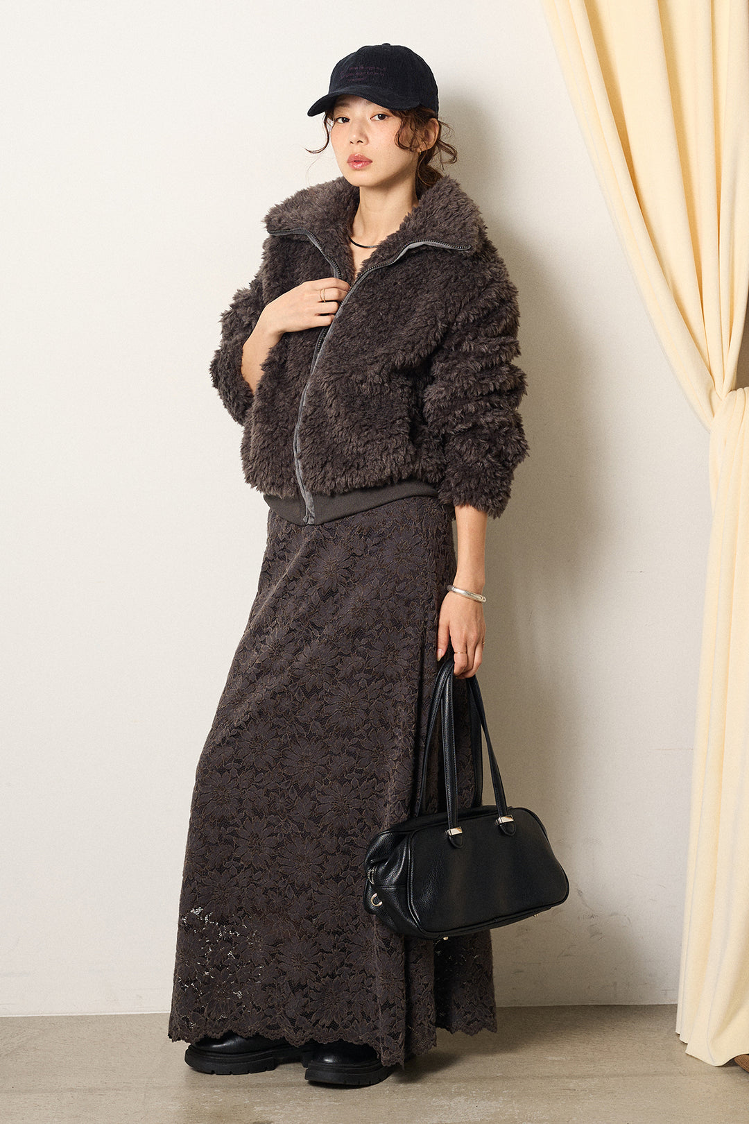 [SET]スタンドカラー裾リブボアブルゾン+花柄刺繍ベロアフレアスカート(2set)