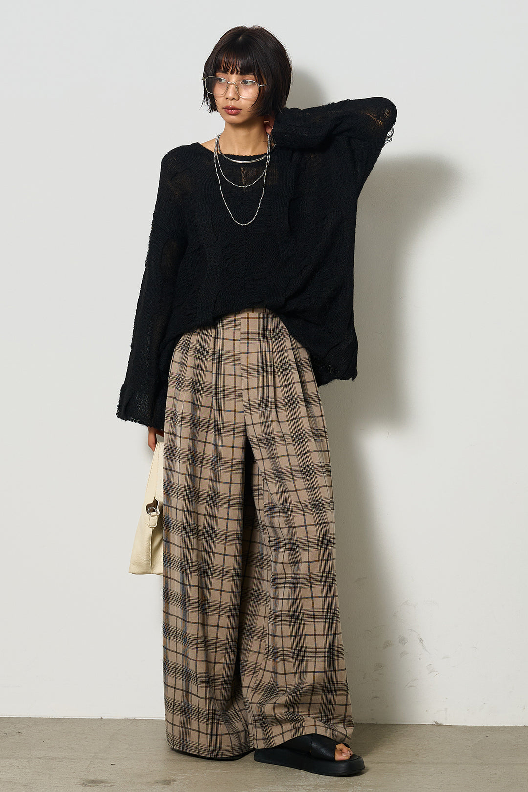 [SET]パターンモヘアローゲージニットプルオーバー+タータンワイドチェックパンツ(2set)
