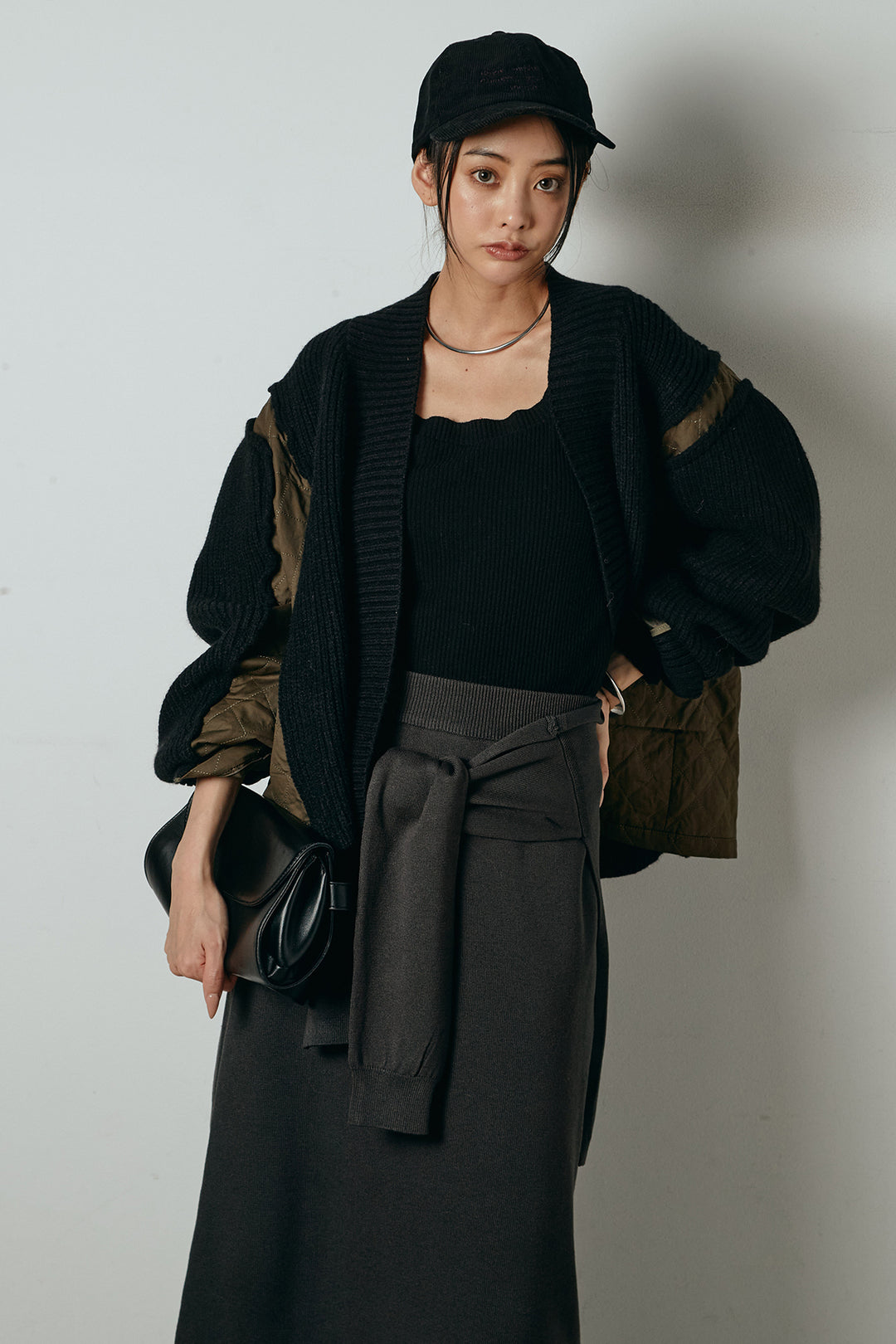 [SET]キルティング切り替えニットカーディガン+ウエストラップ巻きニットスカート(2set)