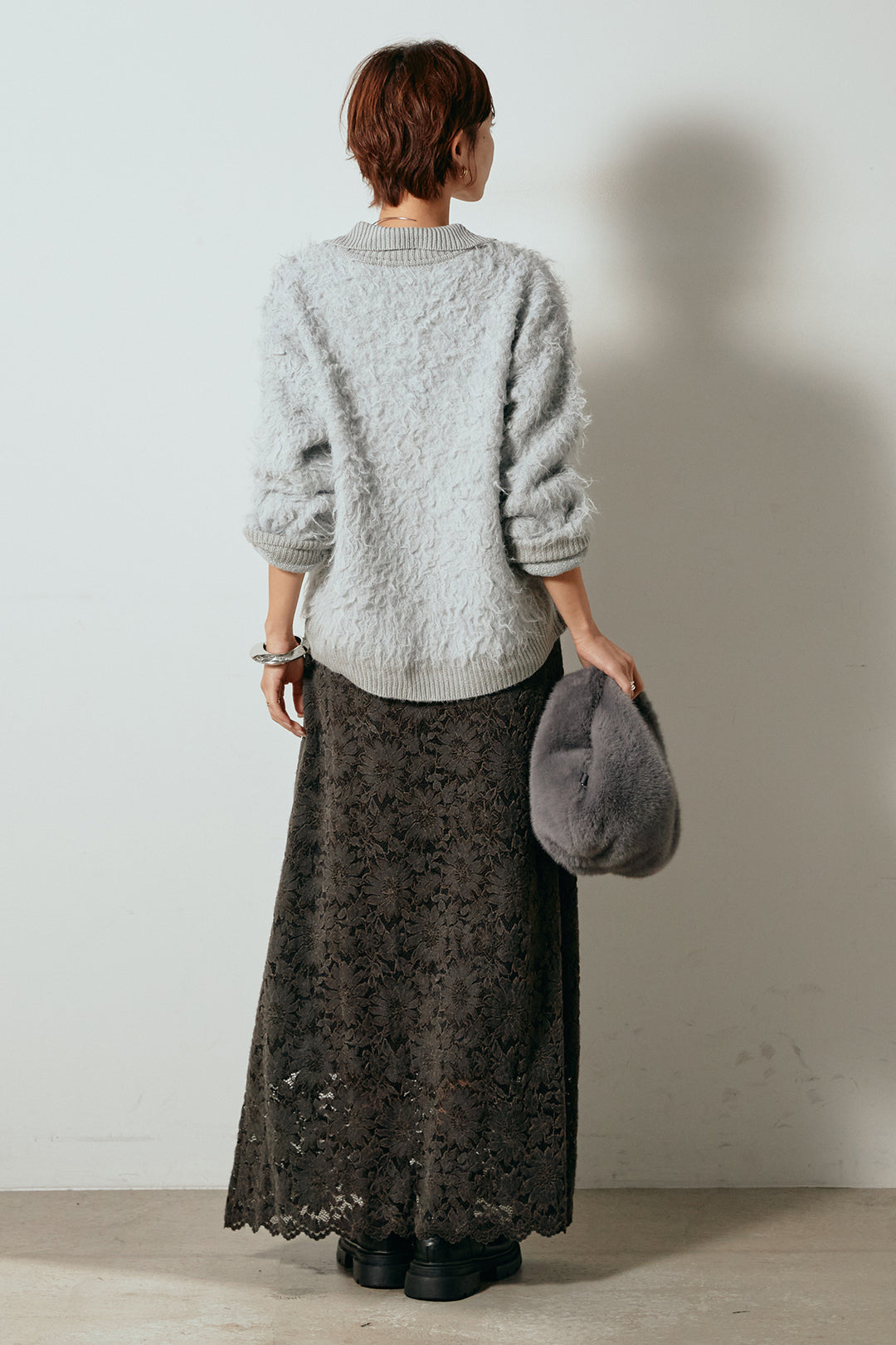 [SET]襟付きシャギーニットポロトップス+花柄刺繍ベロアフレアスカート(2set)