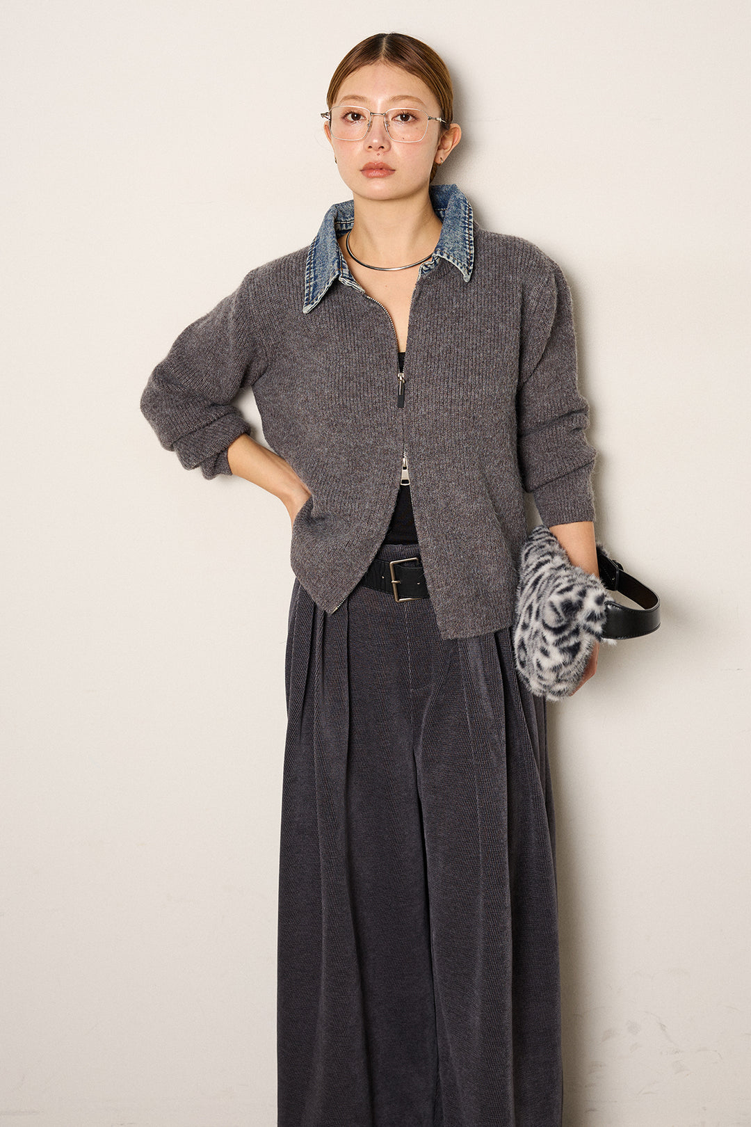 [SET]デニム襟ダブルジップニットトップス+ベルトループコーデュロイワイドパンツ(2set)