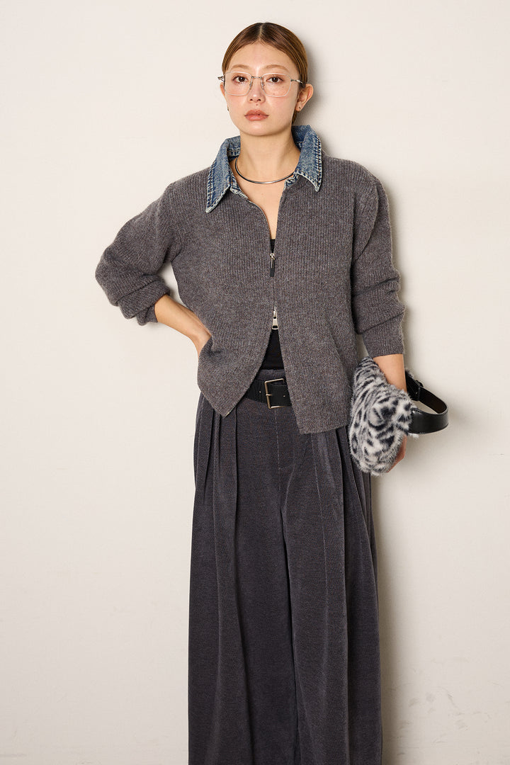 [SET]デニム襟ダブルジップニットトップス+ベルトループコーデュロイワイドパンツ(2set)