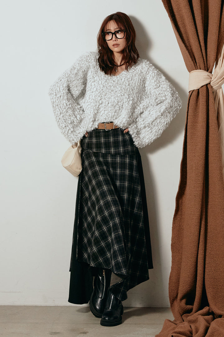 [SET]深Vネックチョウチョヤーンニットトップス+フェイクレザーベルト付き切り替えタータンチェックスカート(2set)
