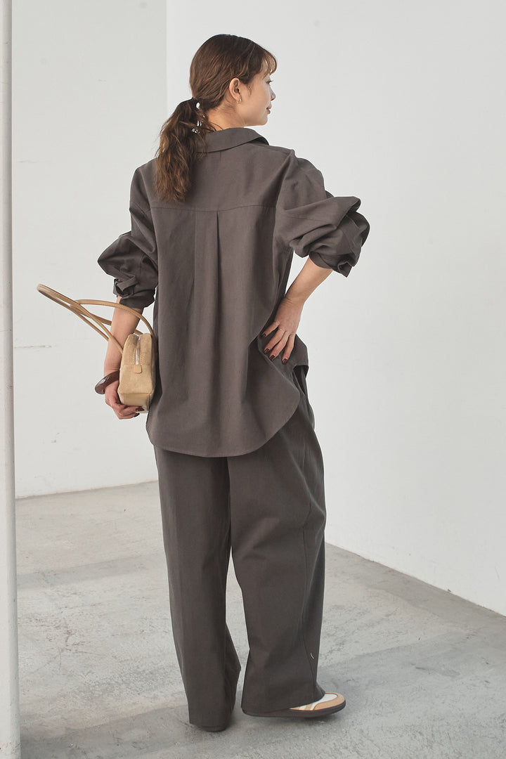 [SET]ツイルシャツジャケット+ツイルハイウエストタックパンツ(2set)