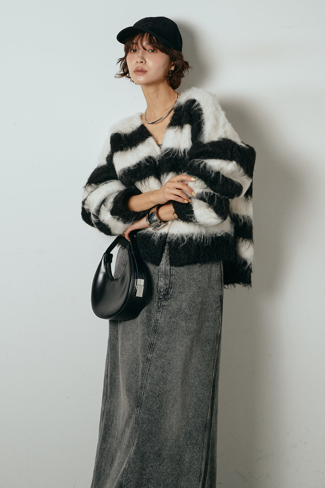 [SET]シャギーボーダー柄ニットカーディガン+デニムロングフレアスカート(2set)