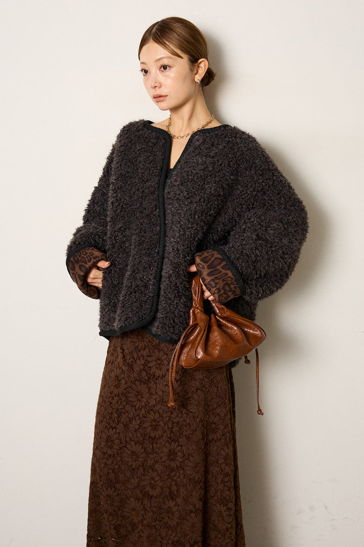 [SET]ノーカラー裏地レオパードボアアウター+花柄刺繍ベロアフレアスカート(2set)