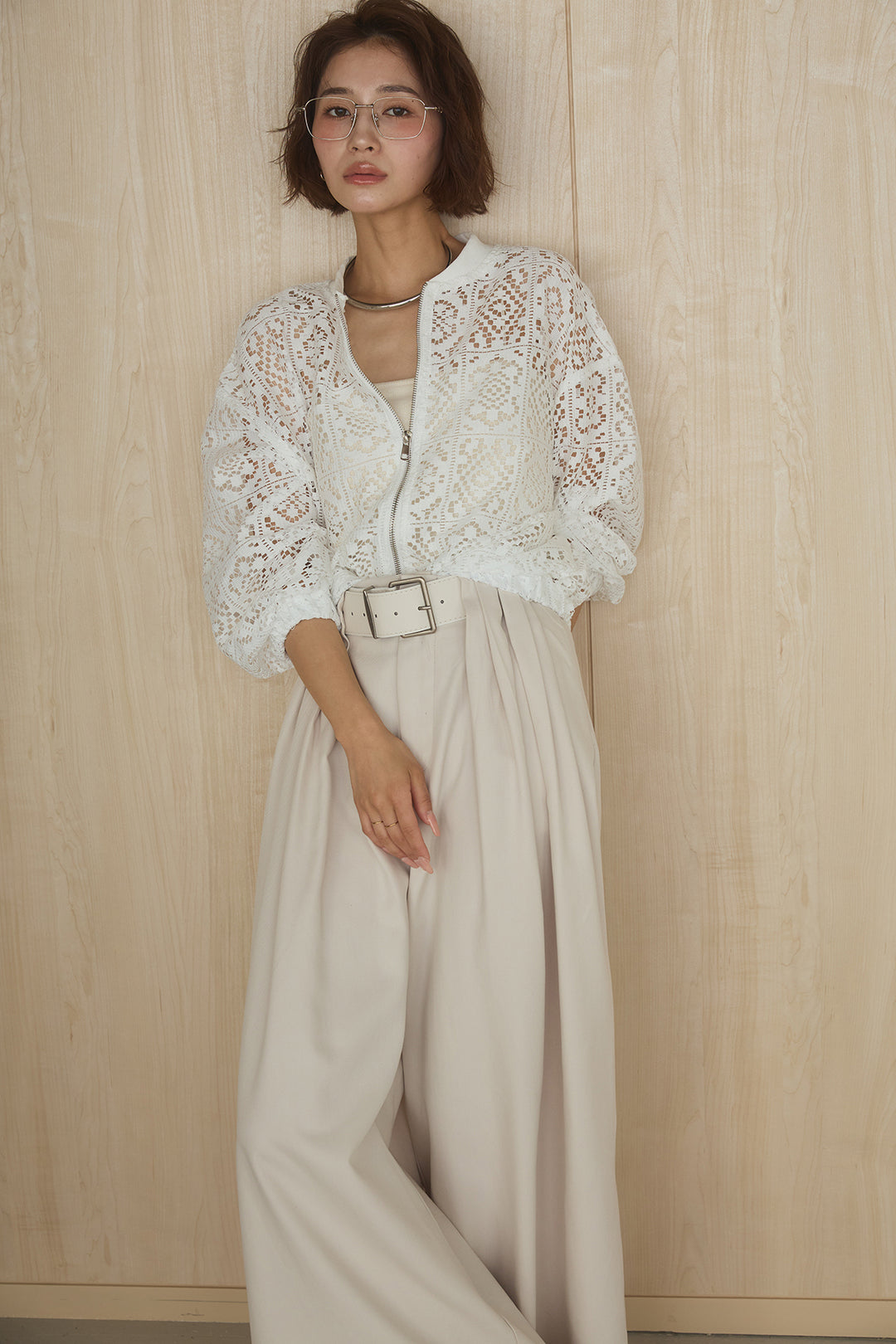 [SET]幾何レースブルゾン+ベルト付きビックループワイドパンツ(2set)