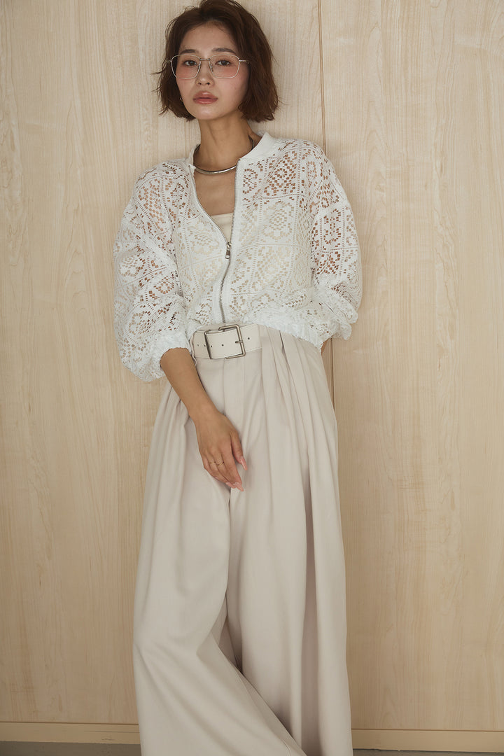 [SET]幾何レースブルゾン+ベルト付きビックループワイドパンツ(2set)