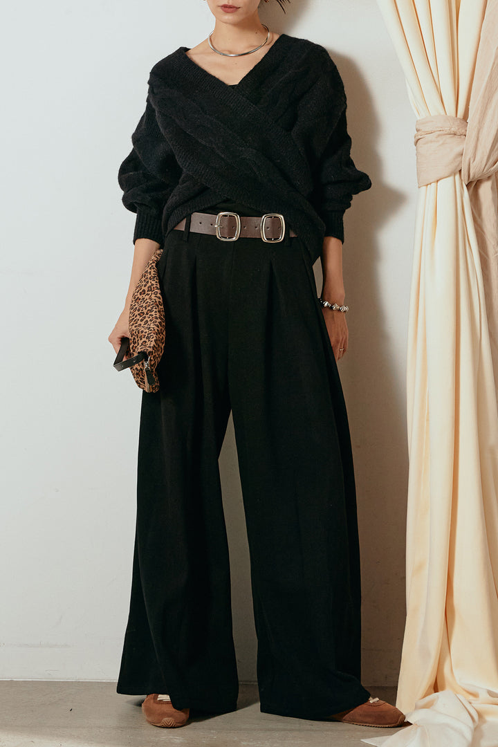 [SET]ケーブルカシュクールニットトップス+フェイクレザー太ベルト付きタックワイドパンツ(2set)