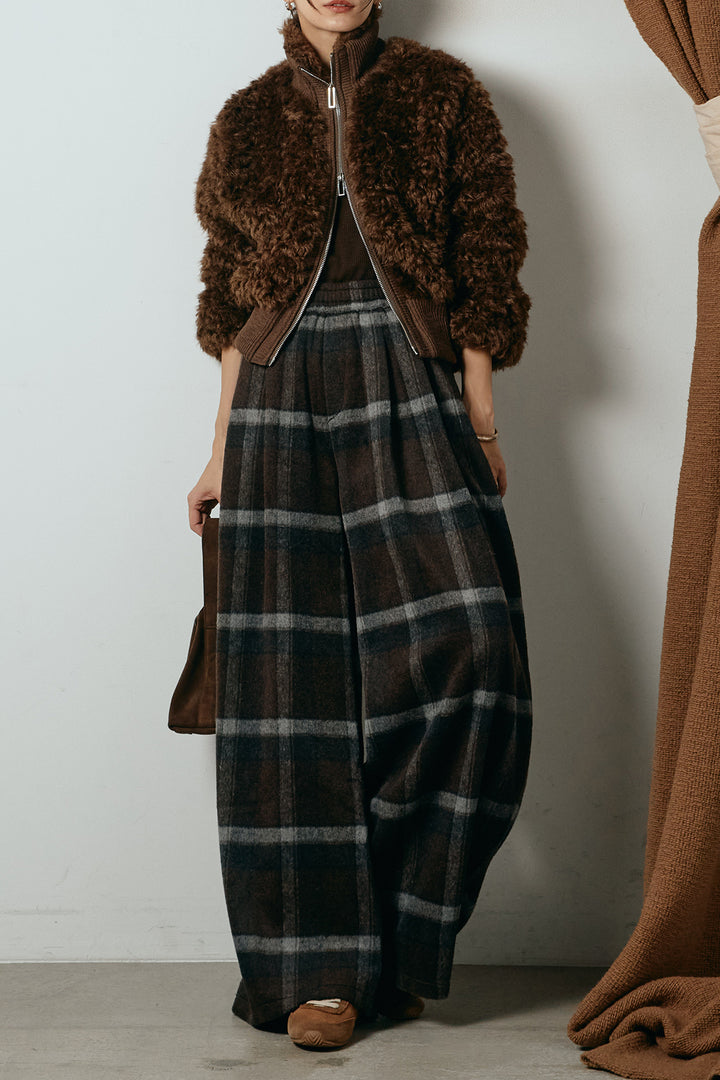 [SET]ハイネックショート丈ボアジップブルゾン+起毛タータンチェック柄ワイドパンツ(2set)