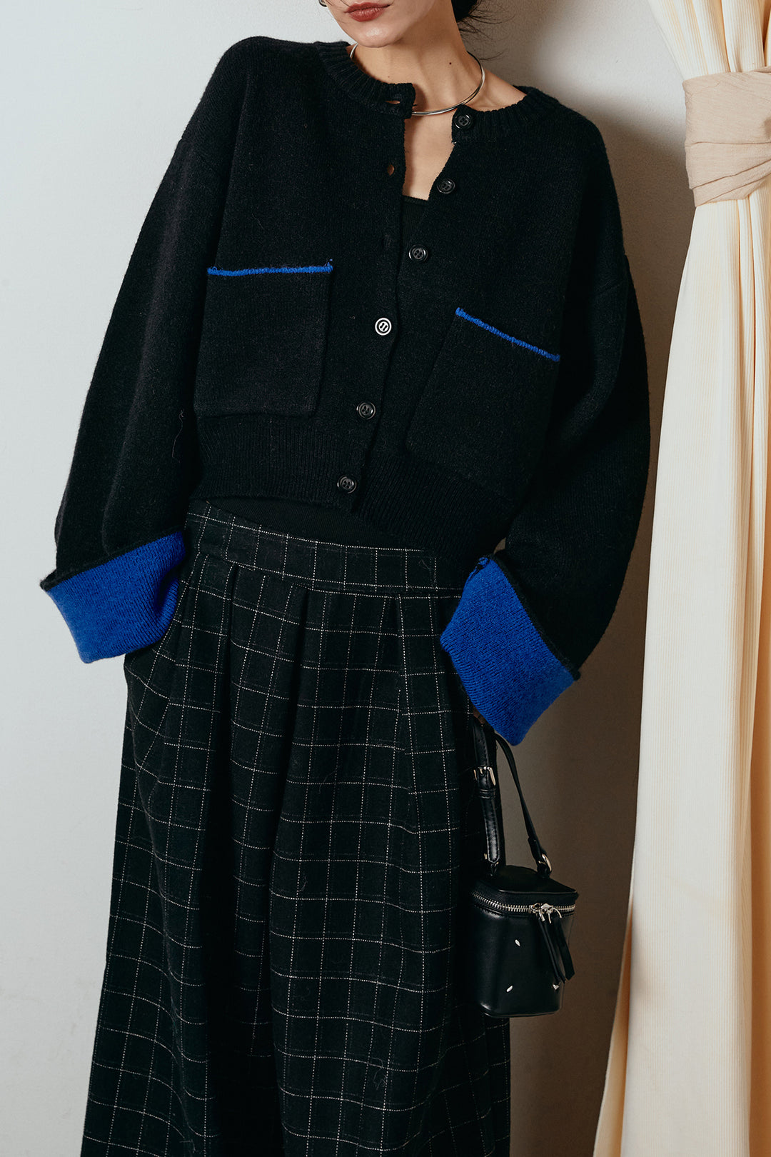 [SET]アルパカタッチダブルフェイスカーディガン+ウールライクチェックタックパンツ(2set)