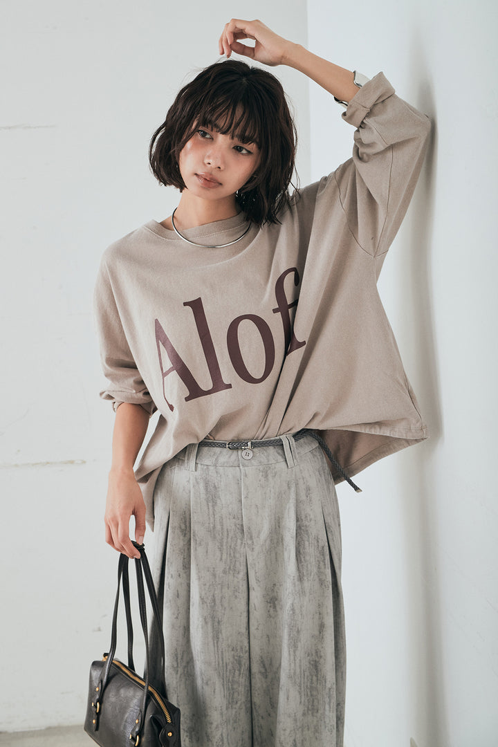 [SET]裾センタードロストロゴプリントワイドTシャツ+紐ベルト付きかすれ柄ワイドスラックス(2set)