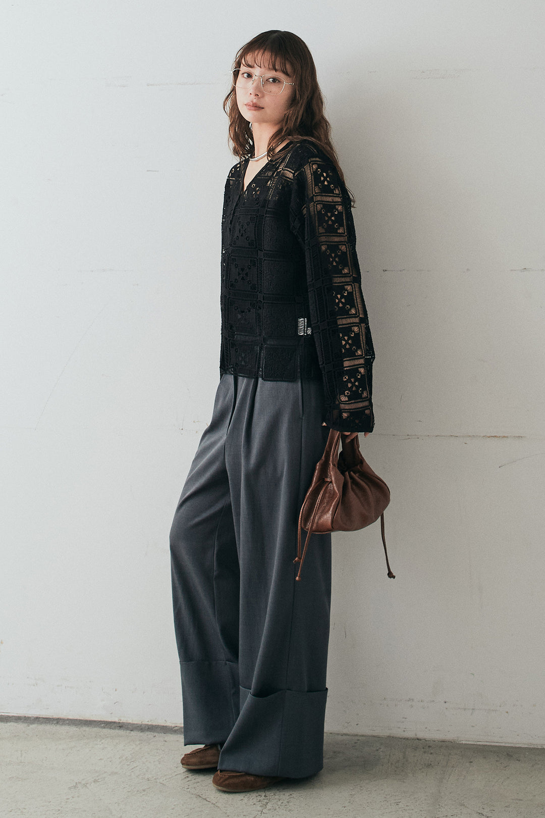 [SET]クロシェレースカーディガン+センタープレスセミワイドパンツ(2set)