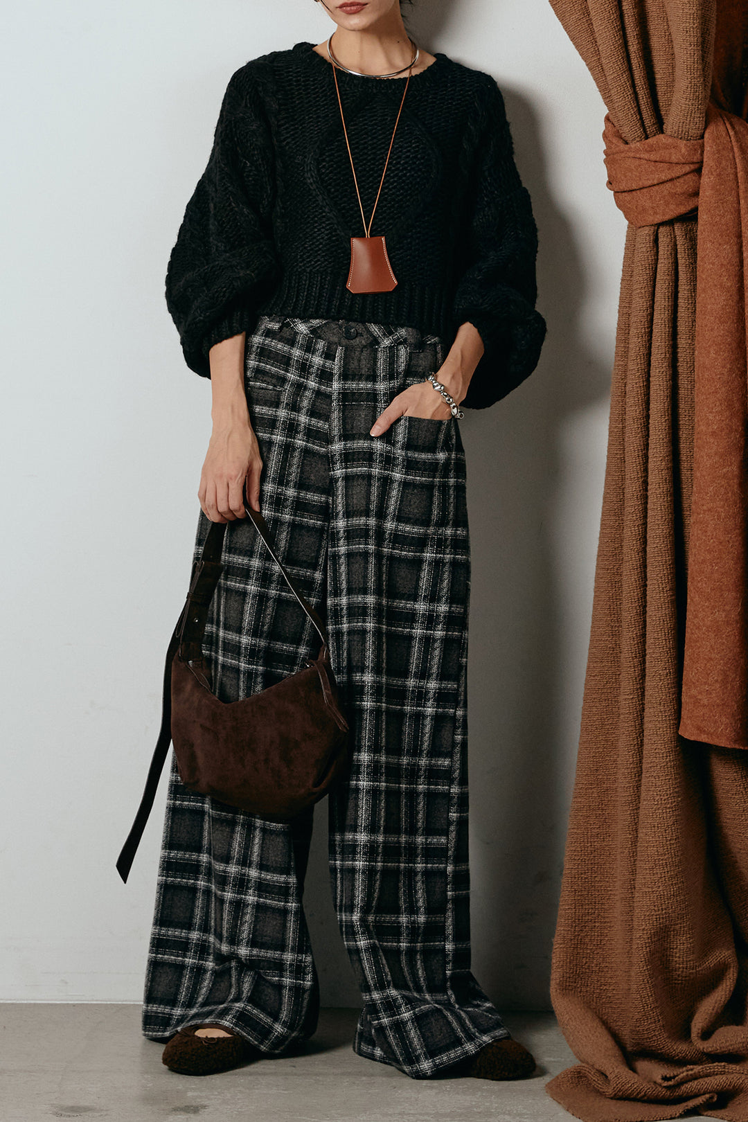 [SET]ロービングケーブルショート丈プルオーバー+ルーズタータンチェックワイドパンツ(2set)