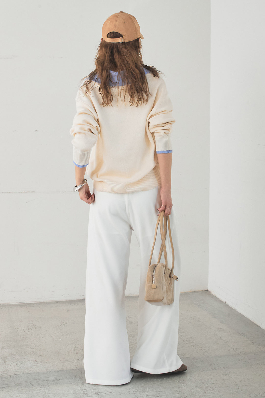 [SET]バイカラーニットレイヤード風プルオーバー+サイドベルトタック入りスラックス(2set)