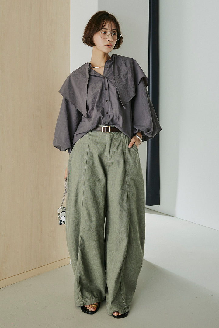 [SET]ケープカラーナイロンブラウス+サイドベルトカーブワイドパンツ(2set)
