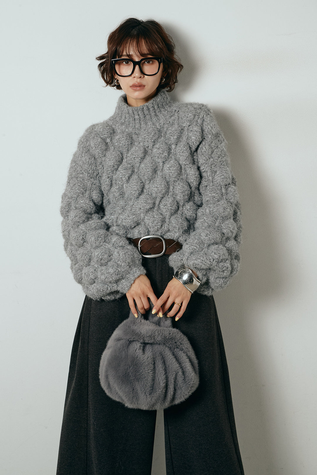 [SET]ボリュームポップコーンニットトップス+編みベルト付きワイドパンツ(2set)