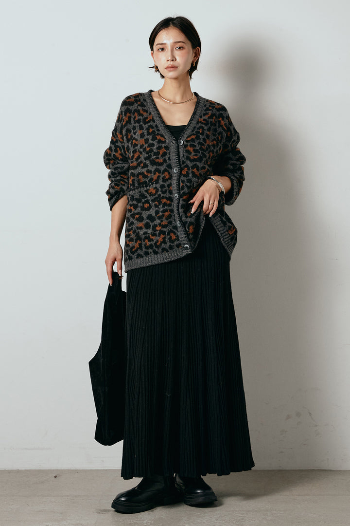 [SET]ステッチデザインレオパードニットカーディガン+リブニットフレアスカート(2set)