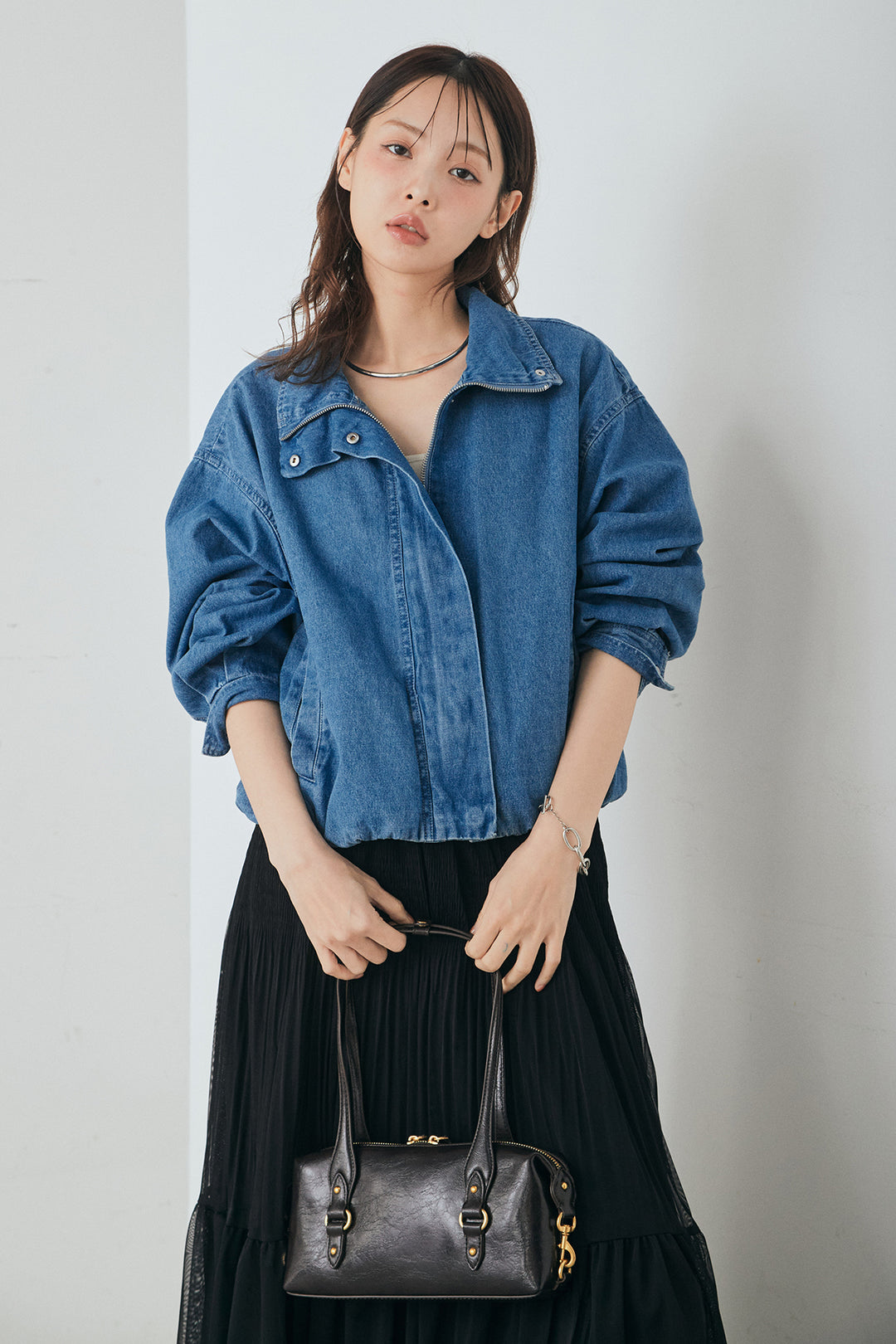 [SET]スタンドカラーデニムブルゾンジャケット+ボリュームシルエットチュールスカート(2set)