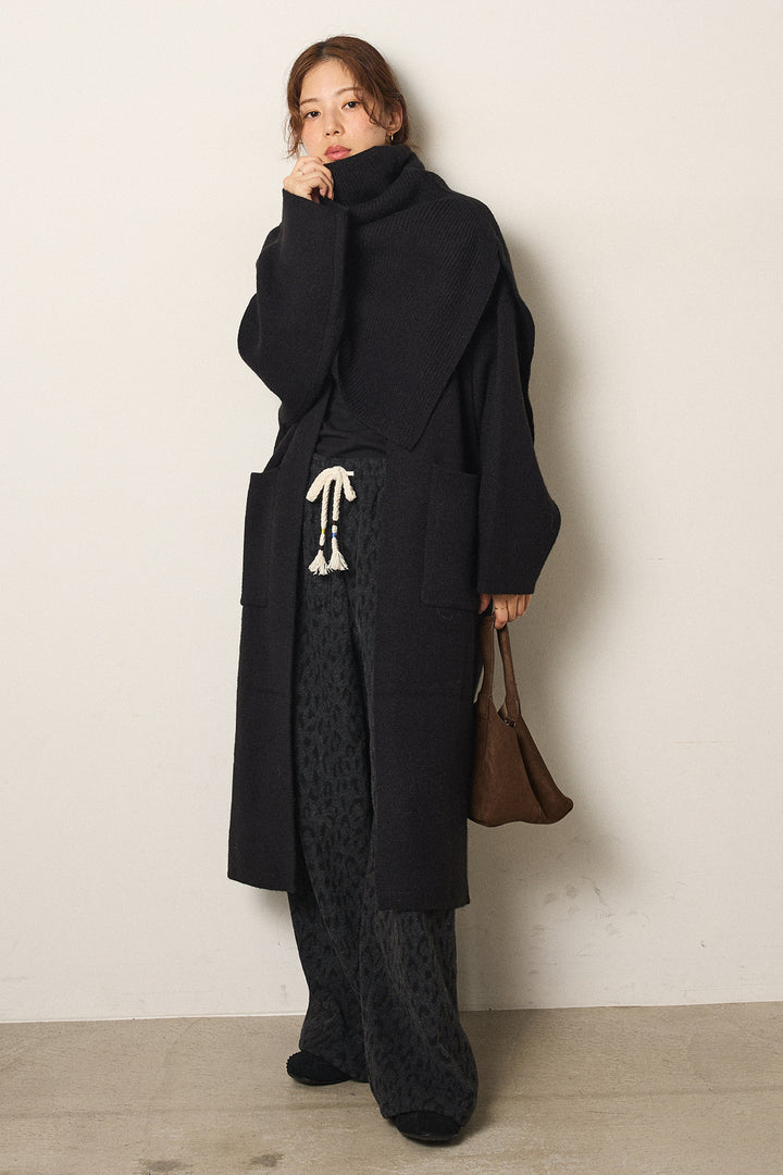 [SET]ケープレイヤードロングカーディガン+レオパードジャガードニットパンツ(2set)