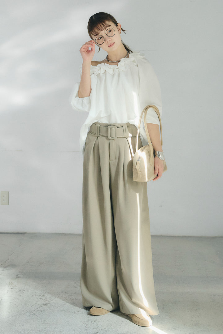 [SET]ネックフリルデザインブラウス+ベルト付きツータックワイドパンツ(2set)