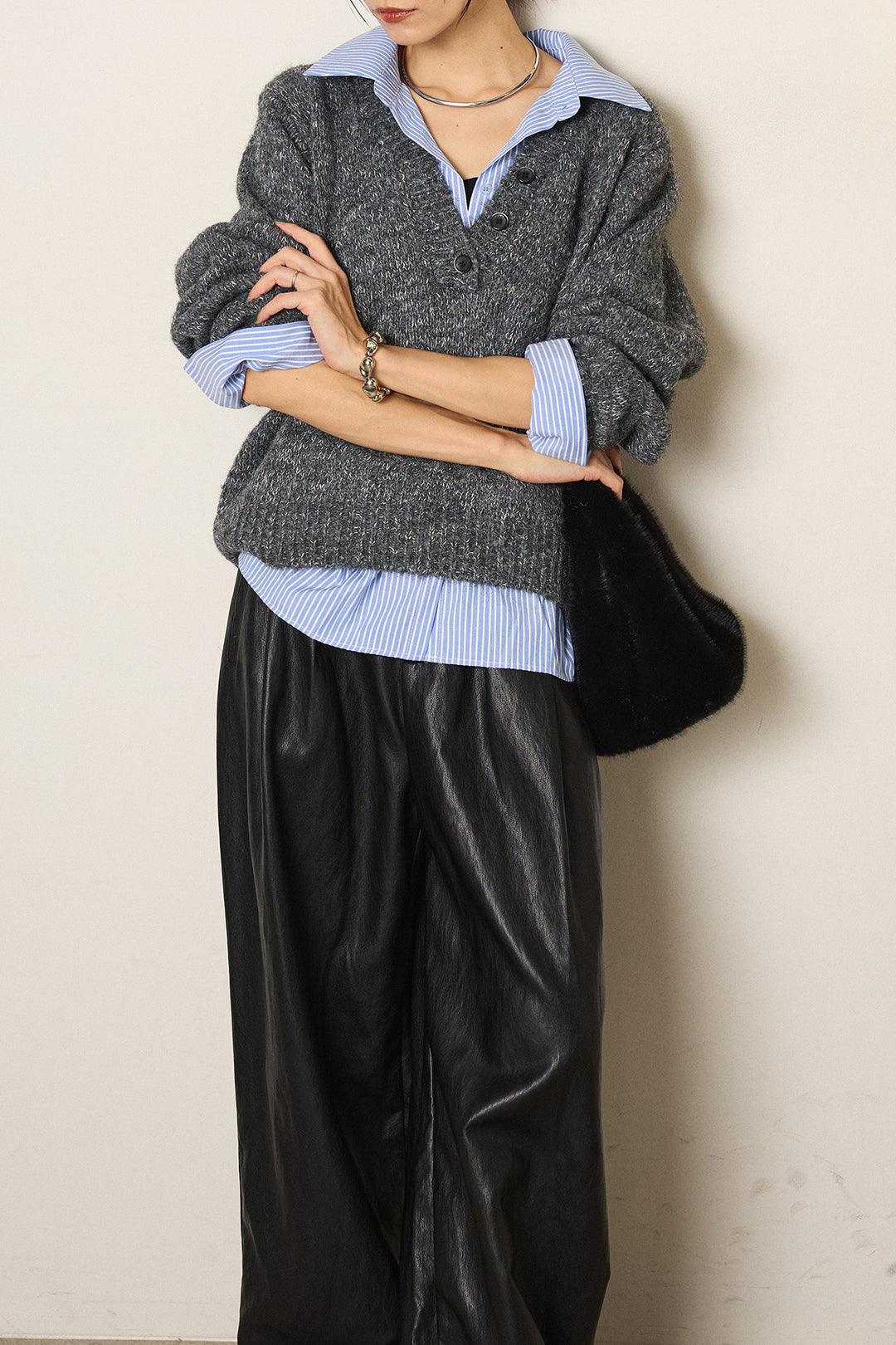 [SET]ストライプシャツドッキングニットポロトップス+ベルト付きレザーライクタックパンツ(2set)