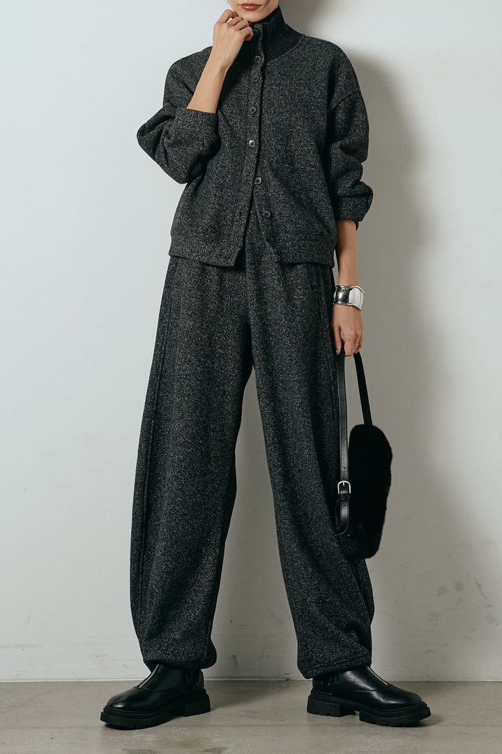 [SET]リブスタンドネックボタントップスSETUP