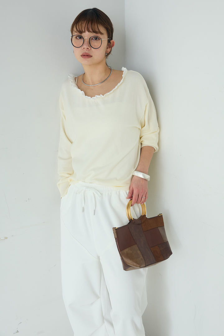 [SET]クールクール異素材コンビオフショルプルオーバー+ランダムタックデザインワイドパンツ(2set)