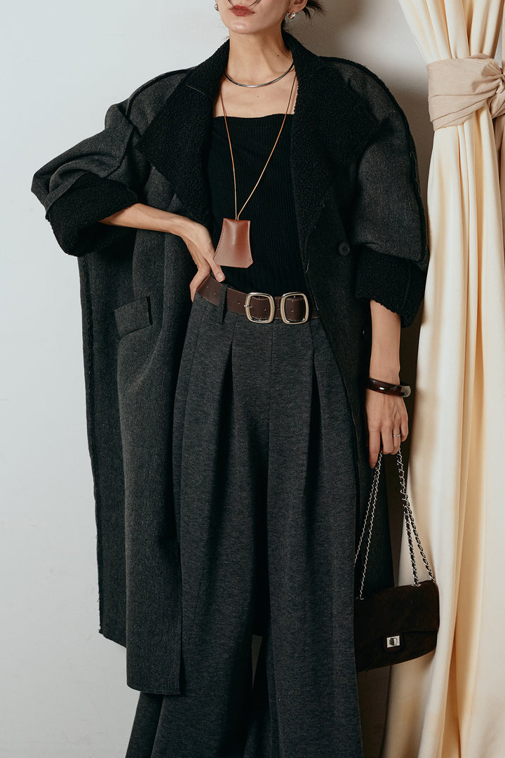 [SET]裏地ボアハイネックロングアウター+フェイクレザー太ベルト付きタックワイドパンツ(2set)