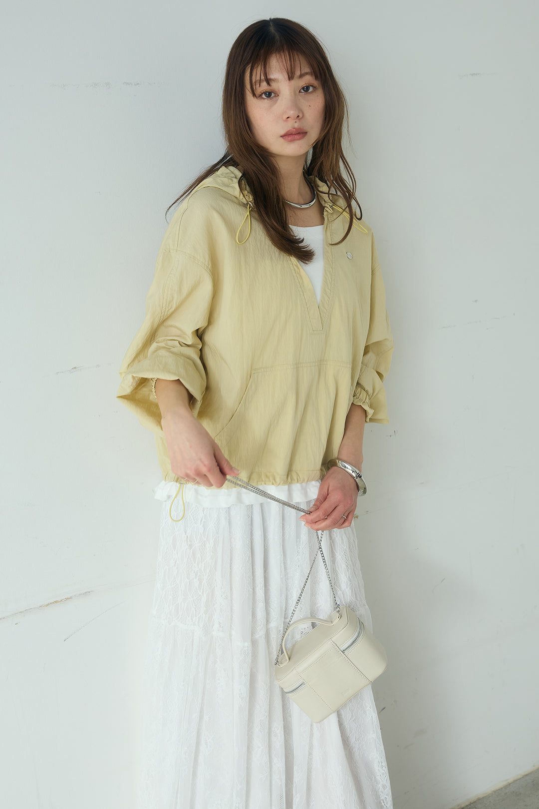 [SET]レイヤードデザインフーディートップス+ひげレース切替ロング丈スカート(2set)