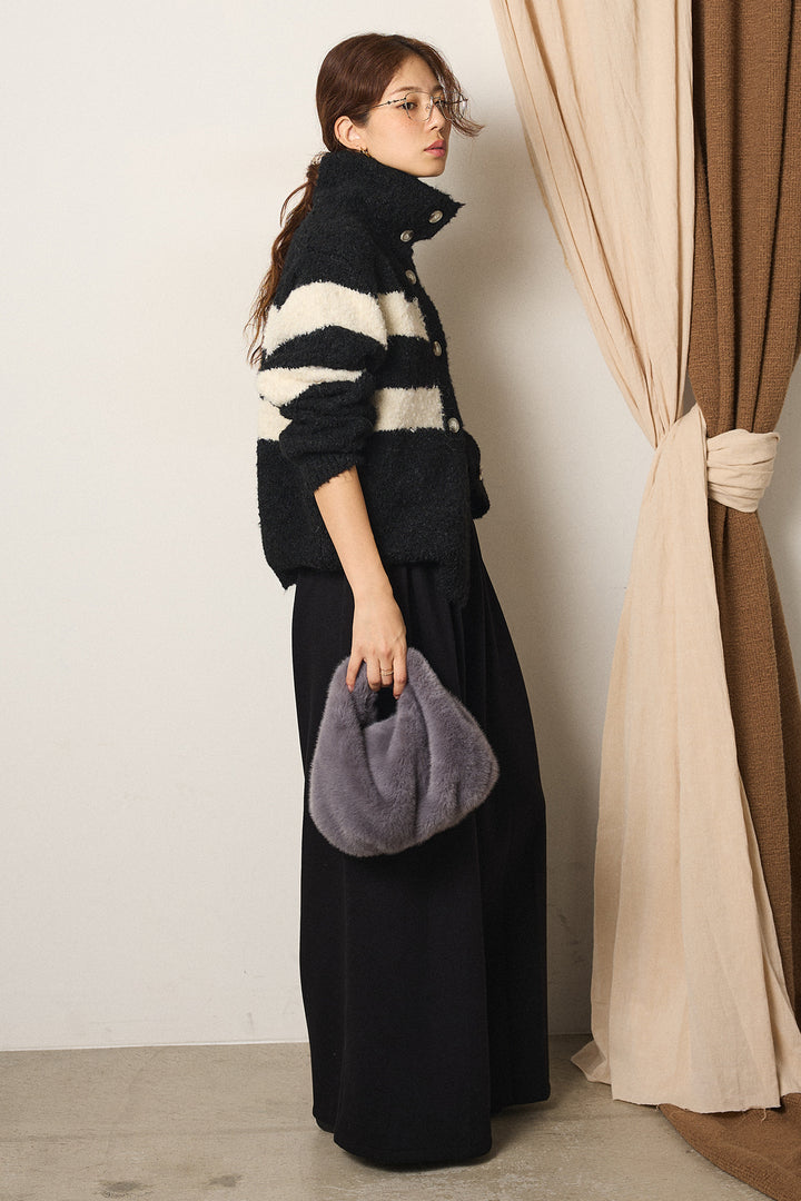 [SET]ハイネックボーダーニットカーディガン+フェイクレザー太ベルト付きタックワイドパンツ(2set)