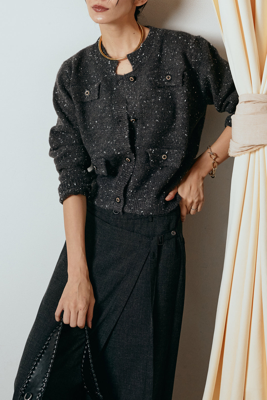 [SET]ネップニットカーディガン+ラップ巻きワイドスラックス(2set)