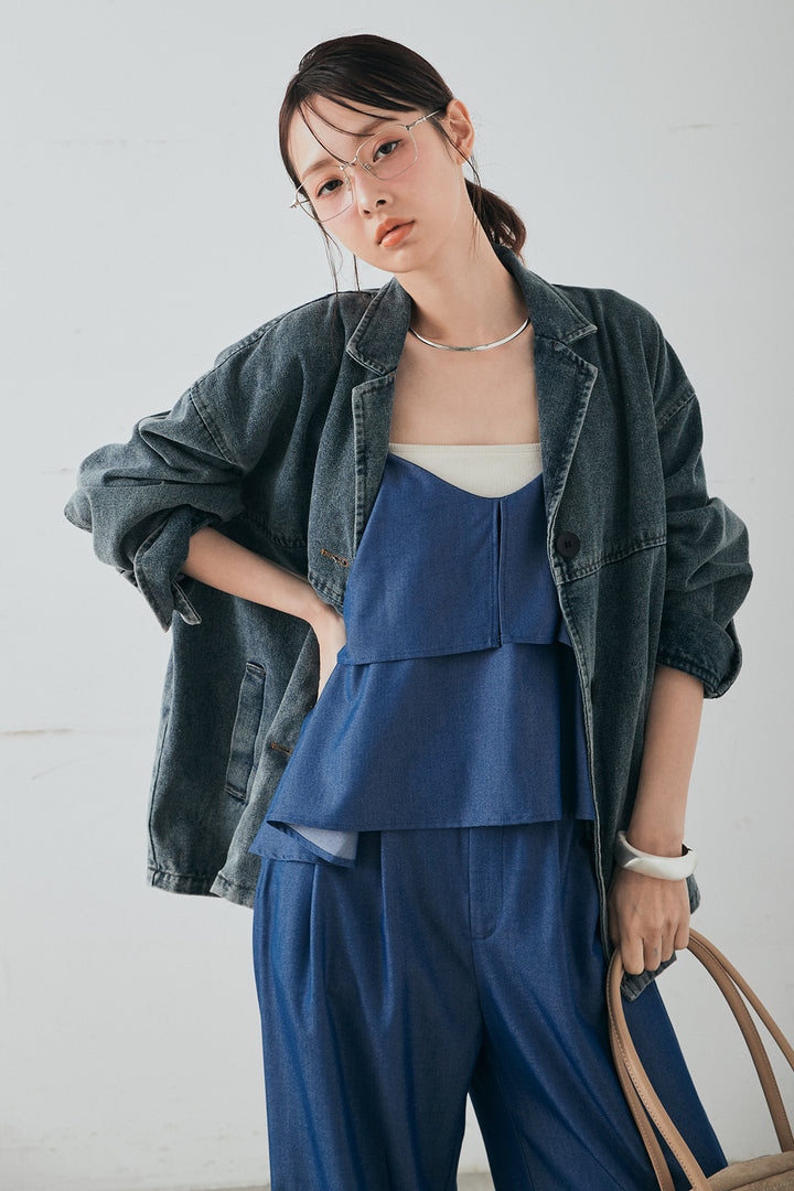 [SET]オーバーデニムジャケット+デニムライクツイルタックパンツ+デニムライクツイルティアードキャミソール(3set)