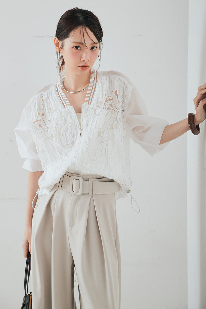 [SET]モチーフ付きシアーブルゾン+ベルト付きツータックワイドパンツ(2set)