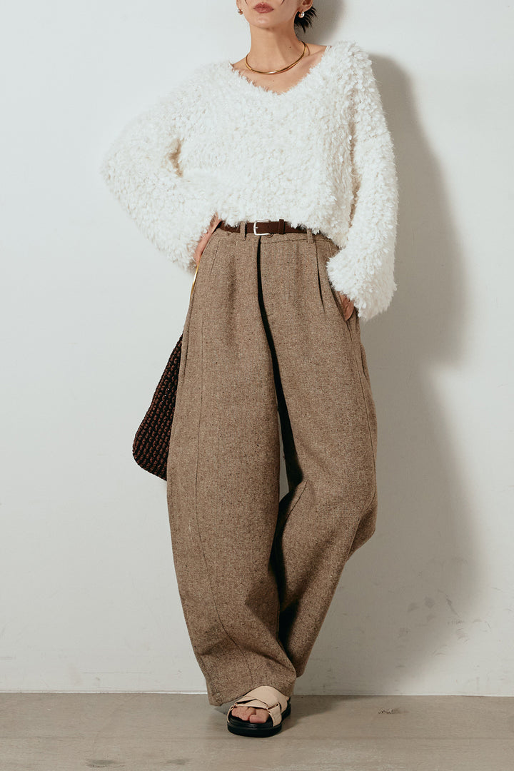 [SET]深Vネックチョウチョヤーンニットトップス+ベルト付きネップツイードカーブパンツ(2set)