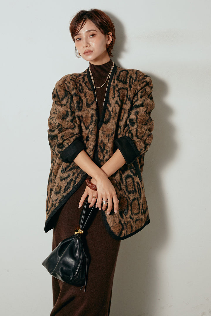 [SET]ノーカラーレオパード柄アウター+ノースリーブニットロングワンピース(2set)